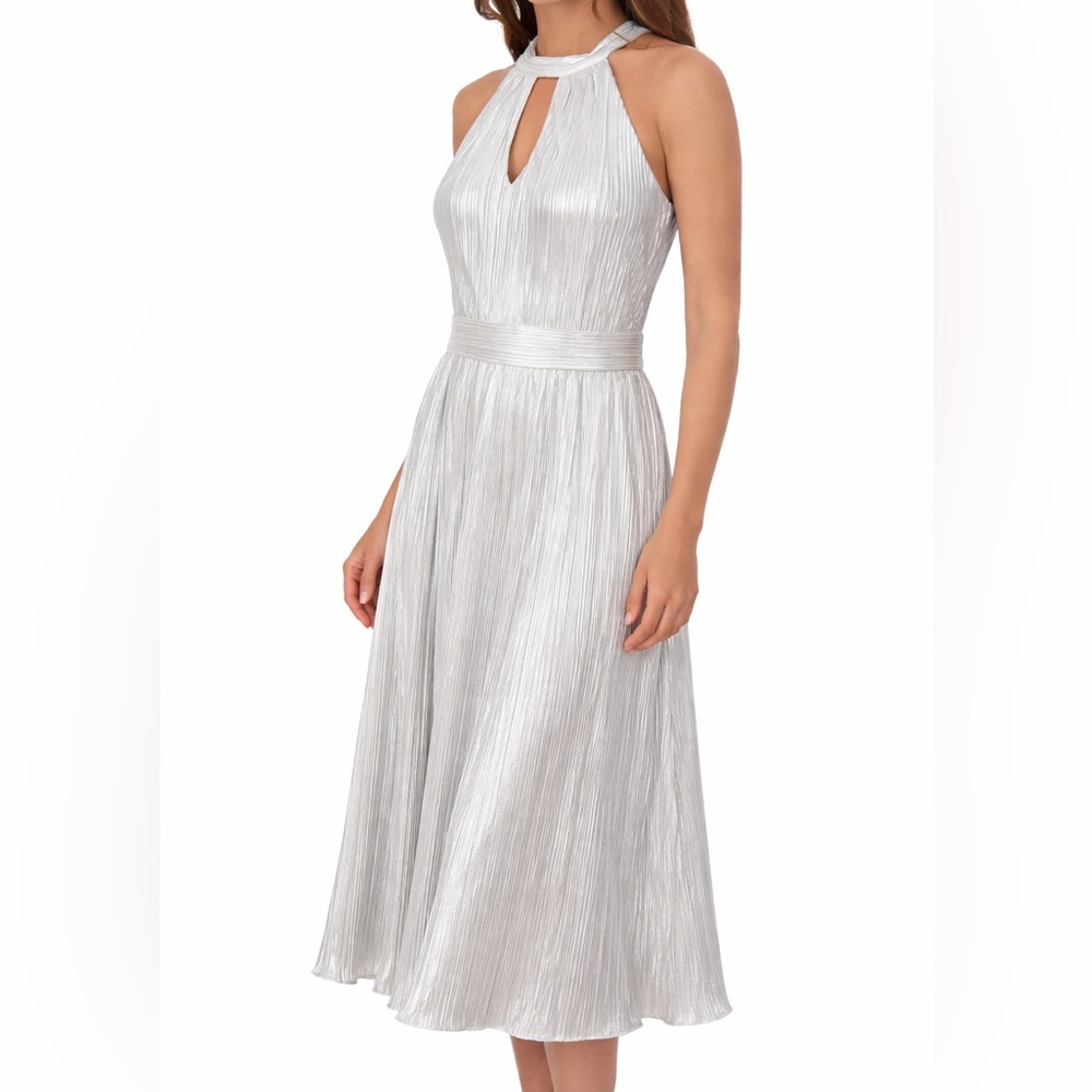 🆕 Kensie Silver Metallic Pleated Halter Midi Dress Size 16 Lined Occasion Dress